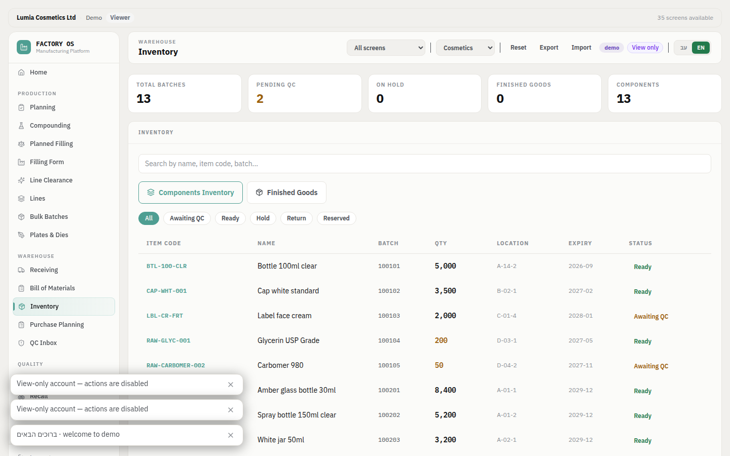 Inventory screen with lot numbers, storage locations, expiry dates and FEFO warning