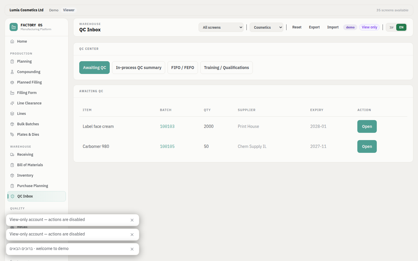 Quality control screen with in-process pH and weight checks, approval and hold statuses